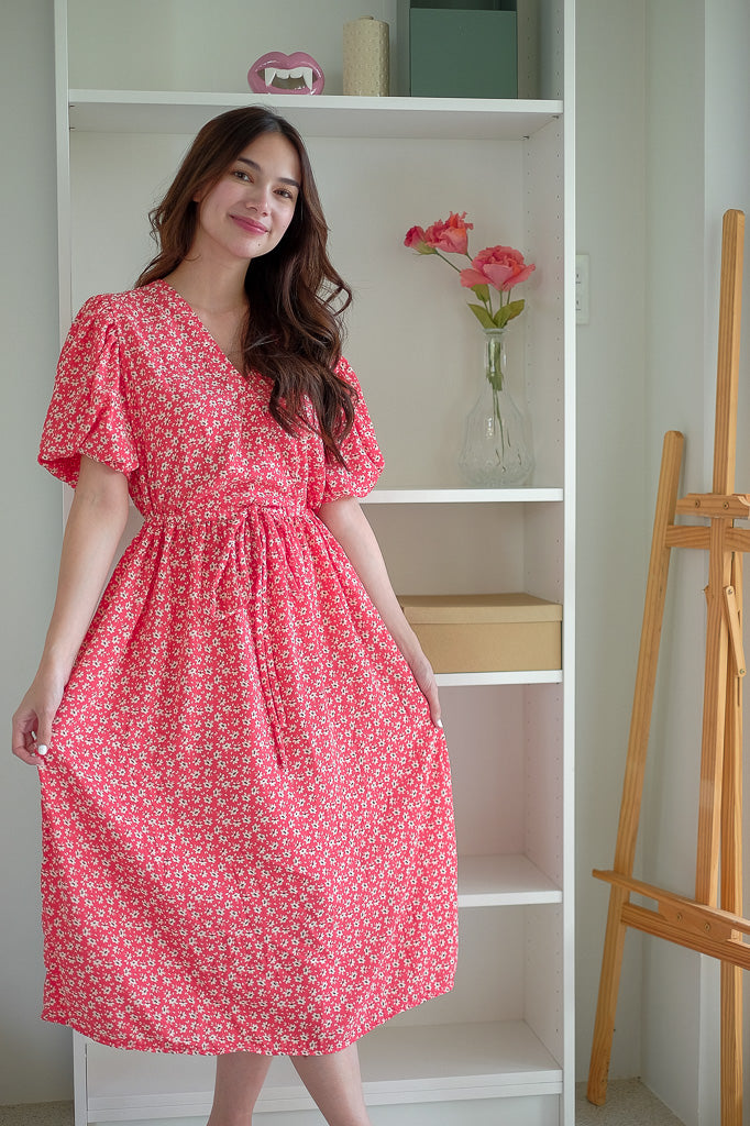 Dulce Midi Dress - Red White Floral