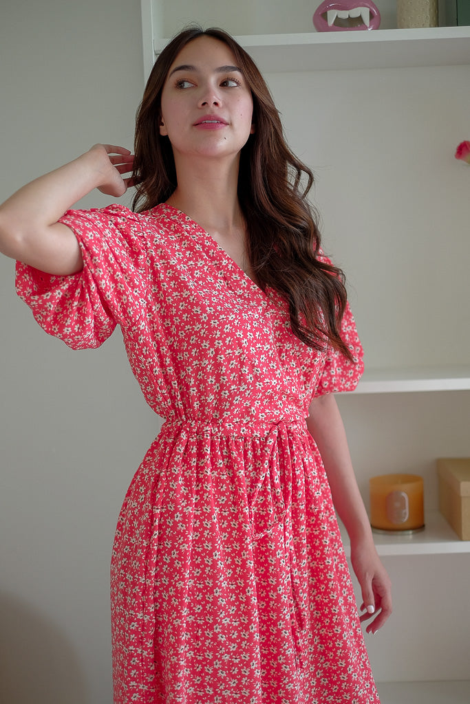 Dulce Midi Dress - Red White Floral