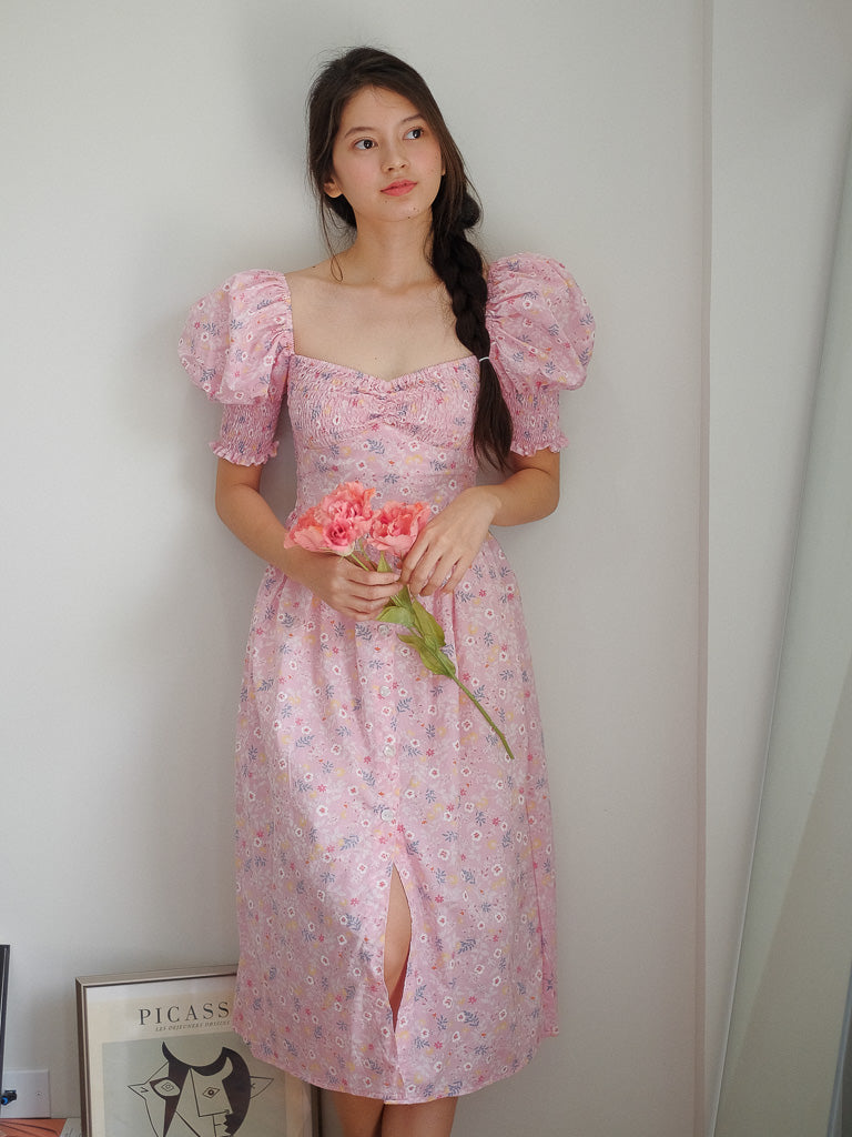 Olivia Midi Dress - pink crepe floral