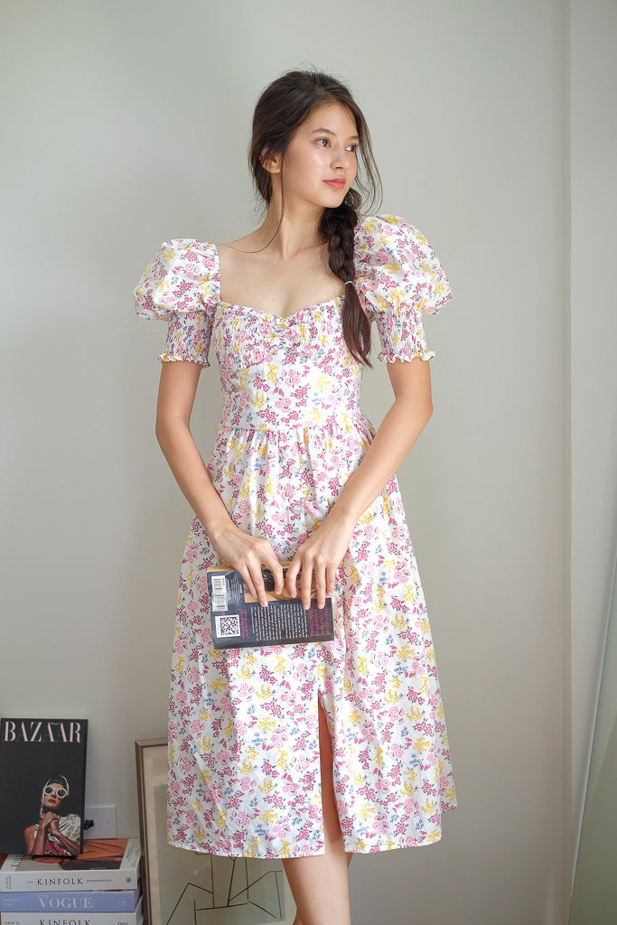 Olivia Midi Dress - white floral garden