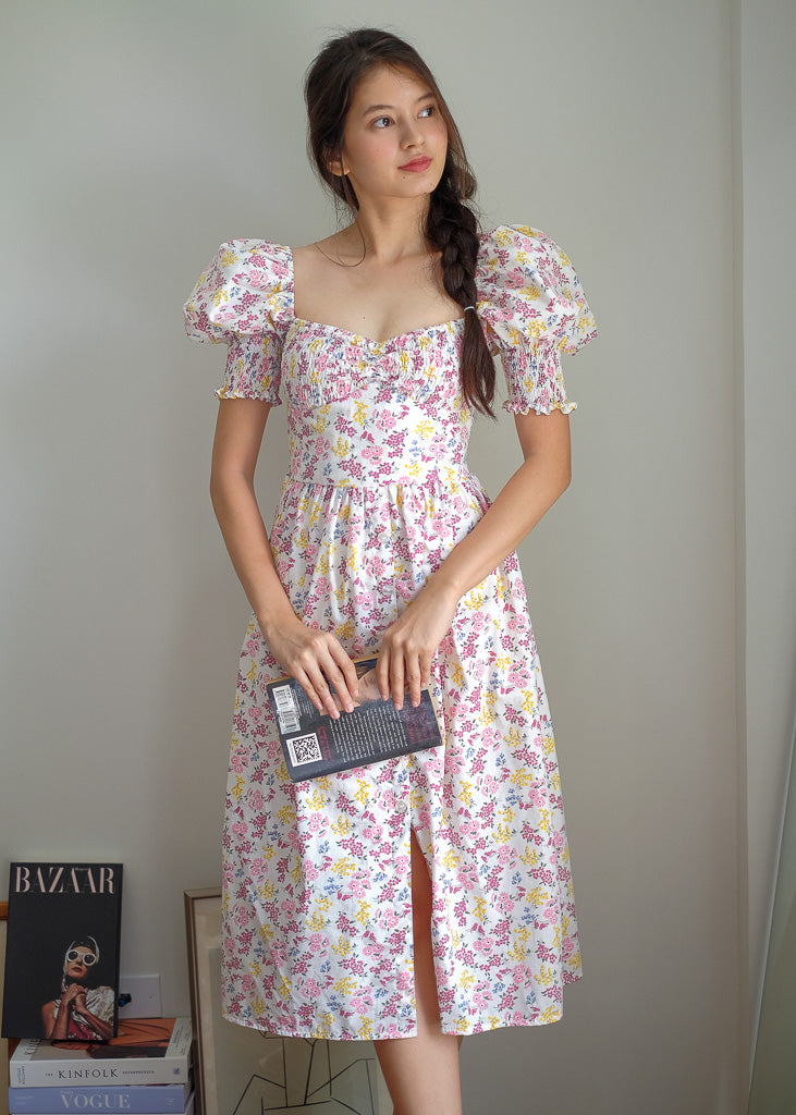 Olivia Midi Dress - white floral garden