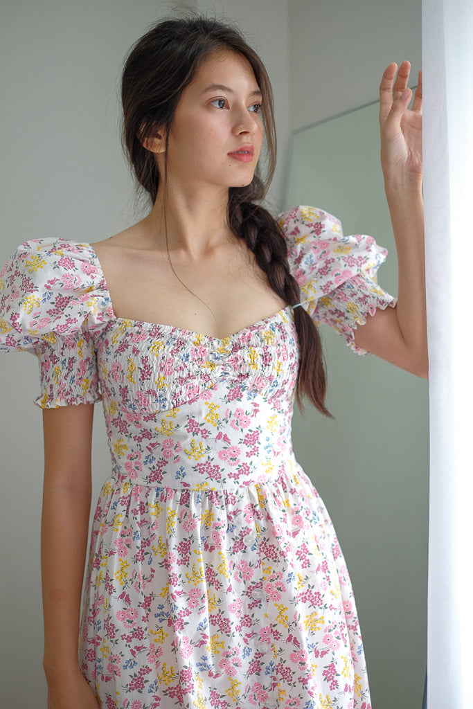 Olivia Midi Dress - white floral garden