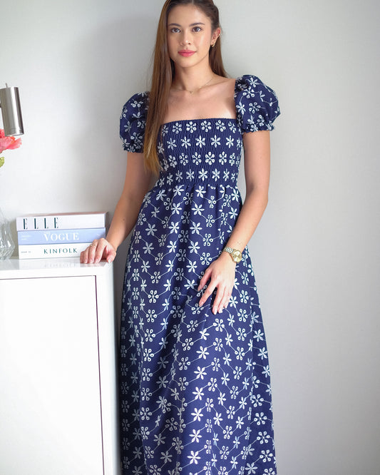 Alison Maxi Dress - printed eyelet navy blue