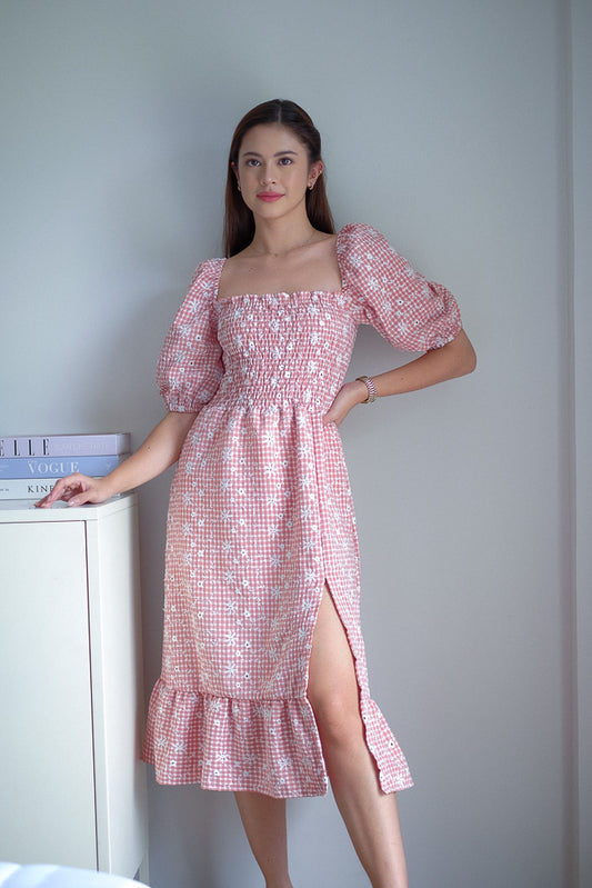 Vanessa midi dress - peach gingham eyelet