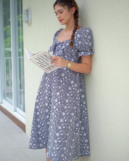 Sam midi dress - navy blue gingham eyelet